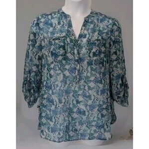 APT. 9 Womens Blouse SZ L 3/4 Sleeve V-neck Snake Animal Sheer Ruched Office